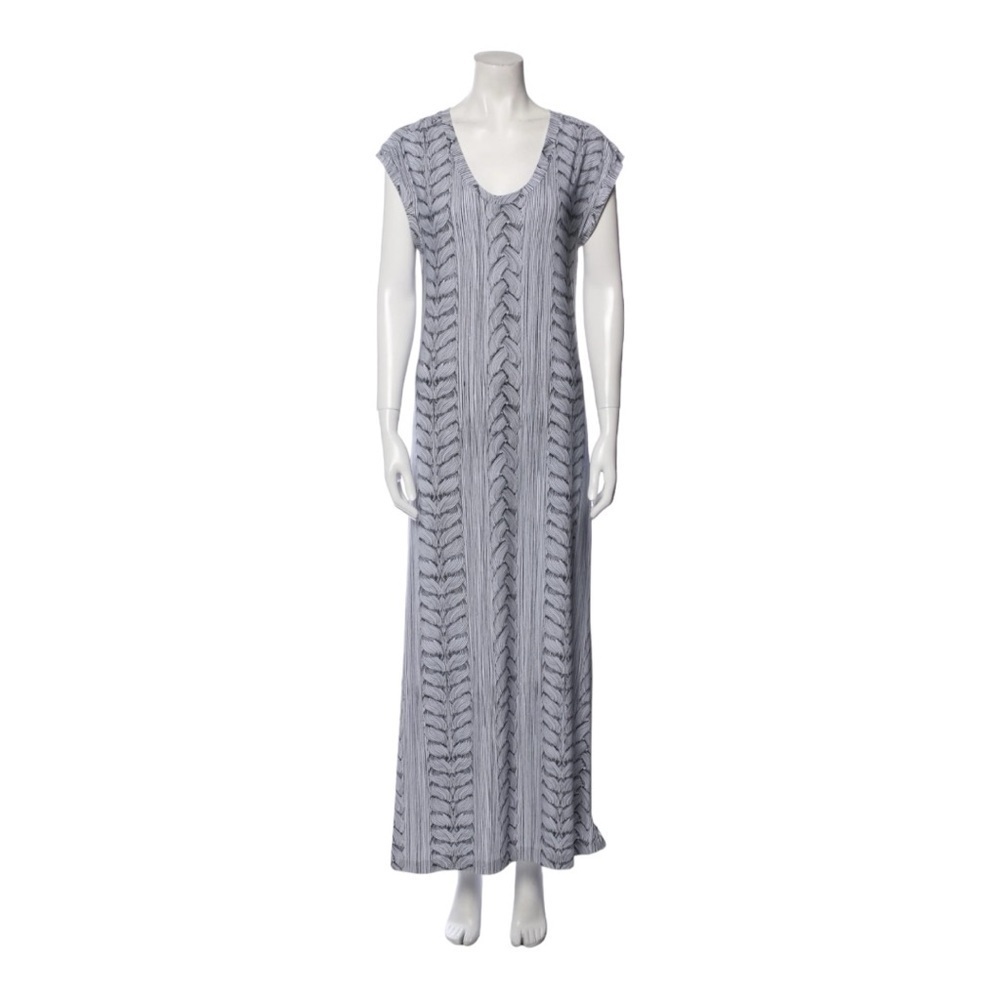 Norma Kamali Maxi Sleeveless Column Dress in White with Black Graphic Pattern
